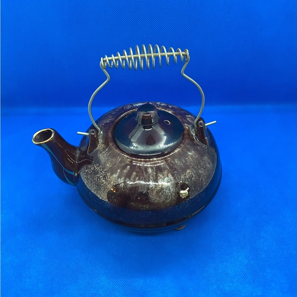 Vintage Redware Drip Glaze Brown/Gold Teapot - Wire Handle